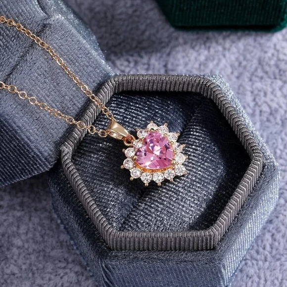 Pink Diamond Heart Flower Rose Gold Plated CZ Heart Necklace, EVGG1106 - Picture 1 of 6